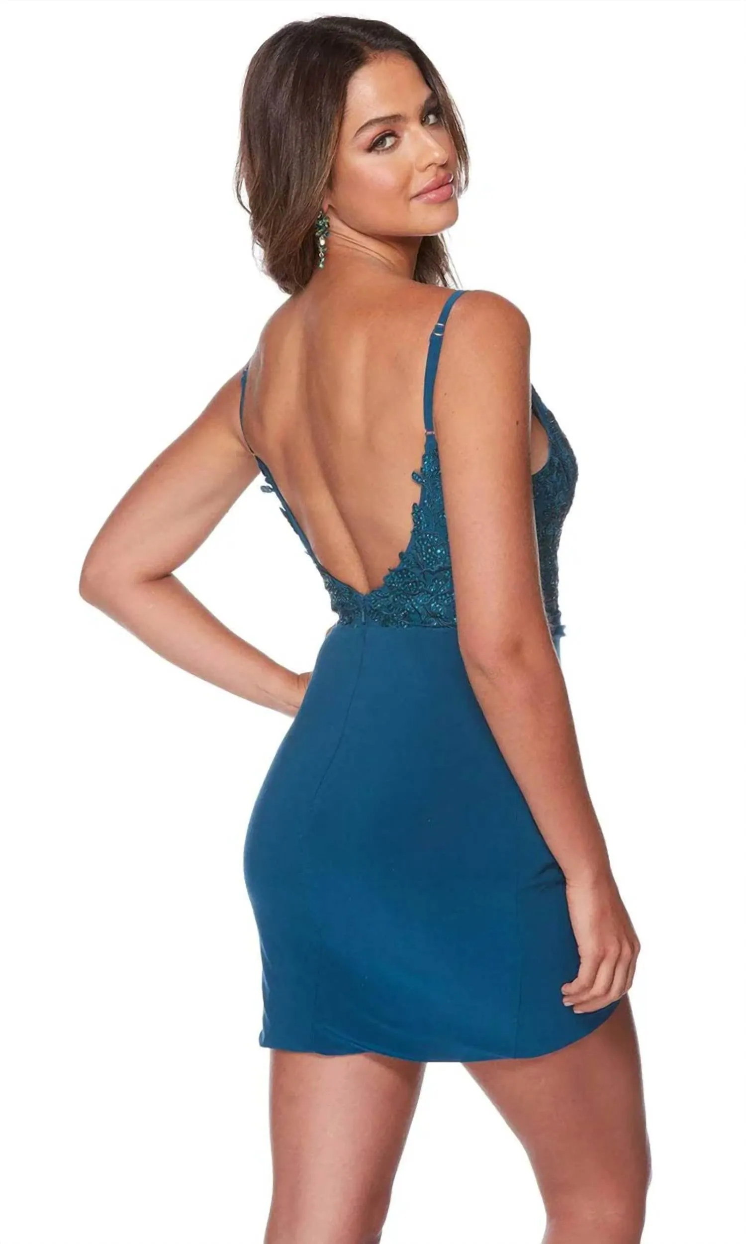 Alyce Paris - Embroidered Plunging Neckline Mini Dress