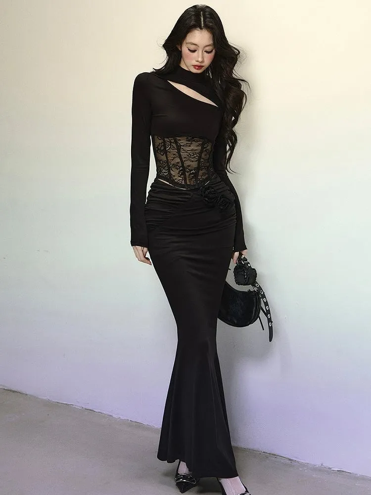 Black Ruched Design Floral Embellished Mermaid Skirt