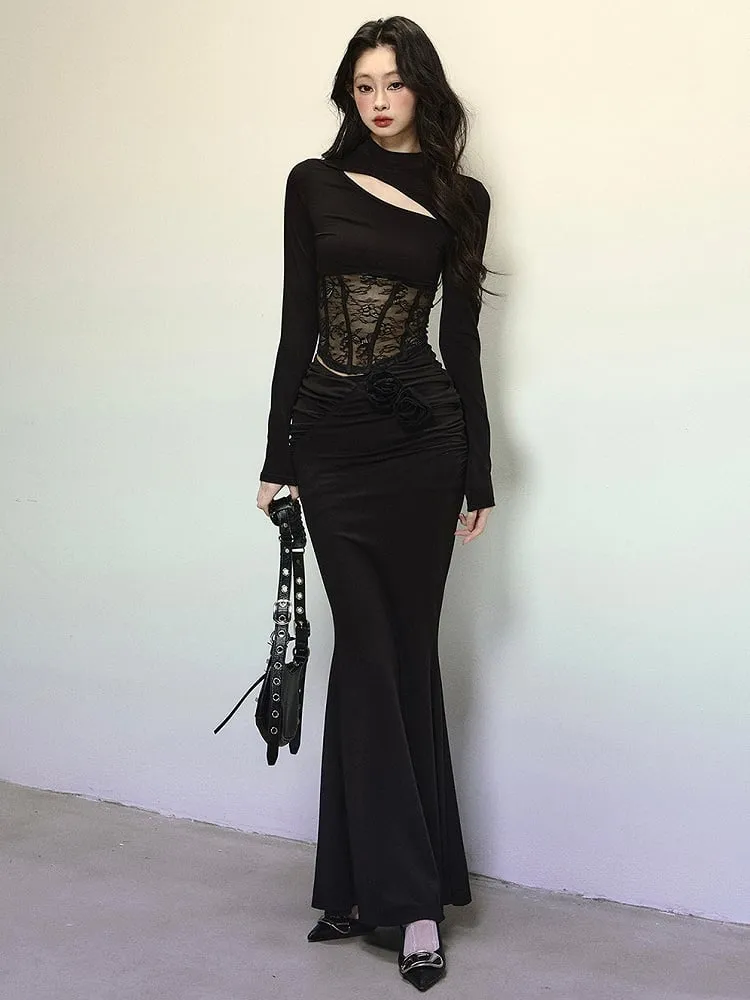 Black Ruched Design Floral Embellished Mermaid Skirt