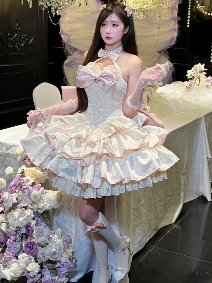 Creamy Bowknot Fabric Tiered Puffy Skirt Halter Neck Birthday Corset Dress