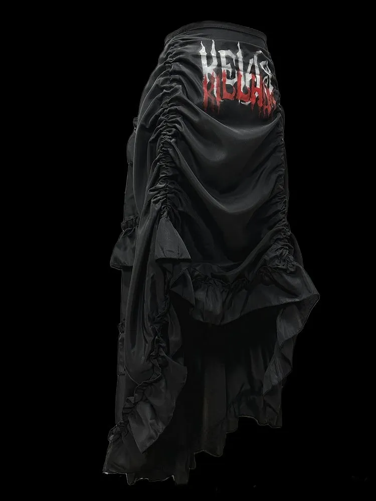 Gothic Black Letters Print Ruched High-low Punk Skirt with Free Cross Charms Waist Chain