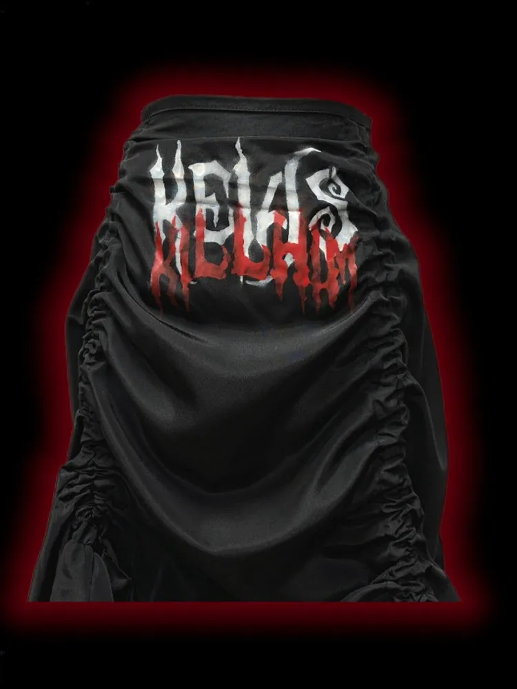 Gothic Black Letters Print Ruched High-low Punk Skirt with Free Cross Charms Waist Chain