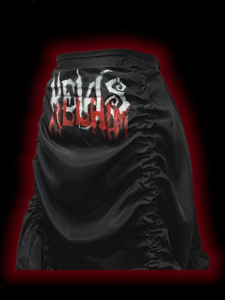 Gothic Black Letters Print Ruched High-low Punk Skirt with Free Cross Charms Waist Chain