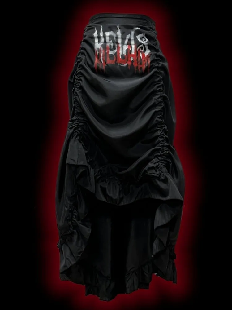 Gothic Black Letters Print Ruched High-low Punk Skirt with Free Cross Charms Waist Chain