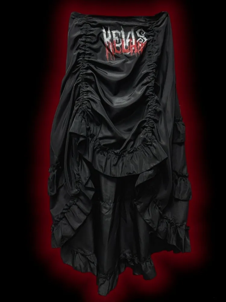 Gothic Black Letters Print Ruched High-low Punk Skirt with Free Cross Charms Waist Chain