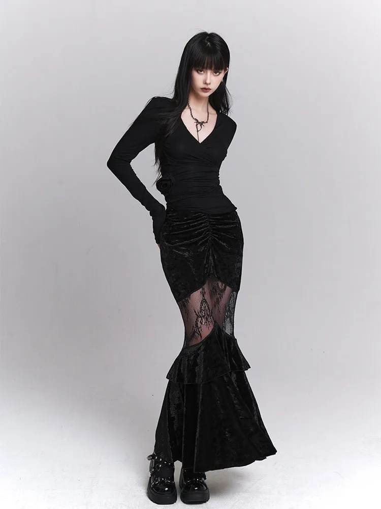Gothic Black Velvet Contrast Lace Patches Ruched Design Mermaid Skirt