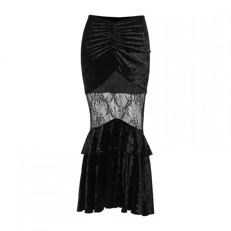 Gothic Black Velvet Contrast Lace Patches Ruched Design Mermaid Skirt