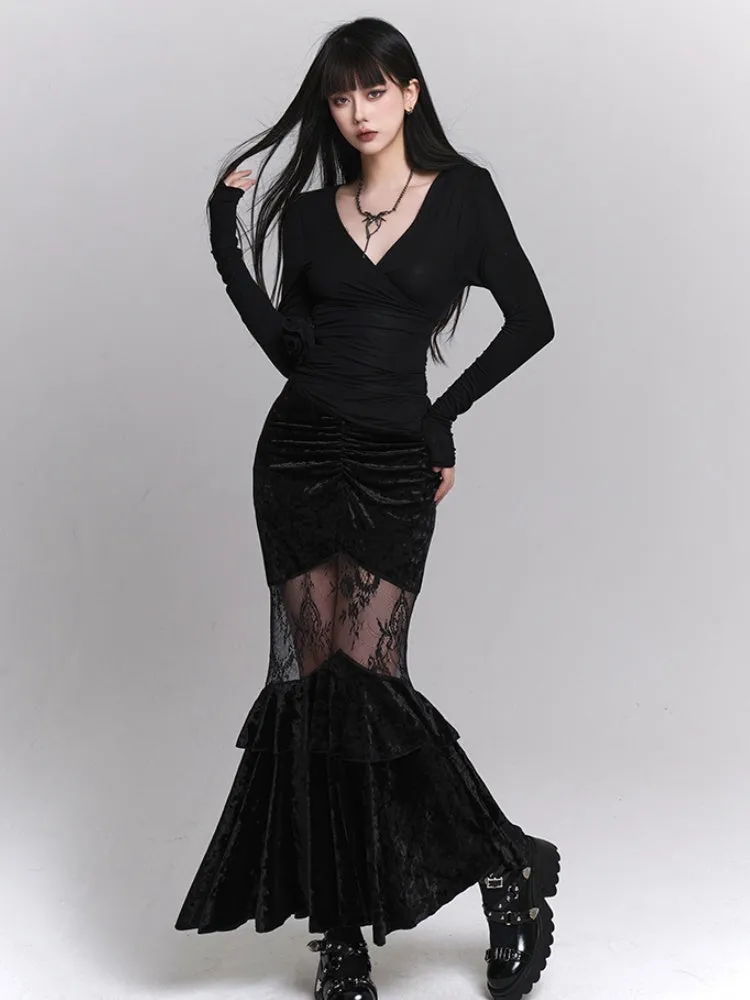Gothic Black Velvet Contrast Lace Patches Ruched Design Mermaid Skirt