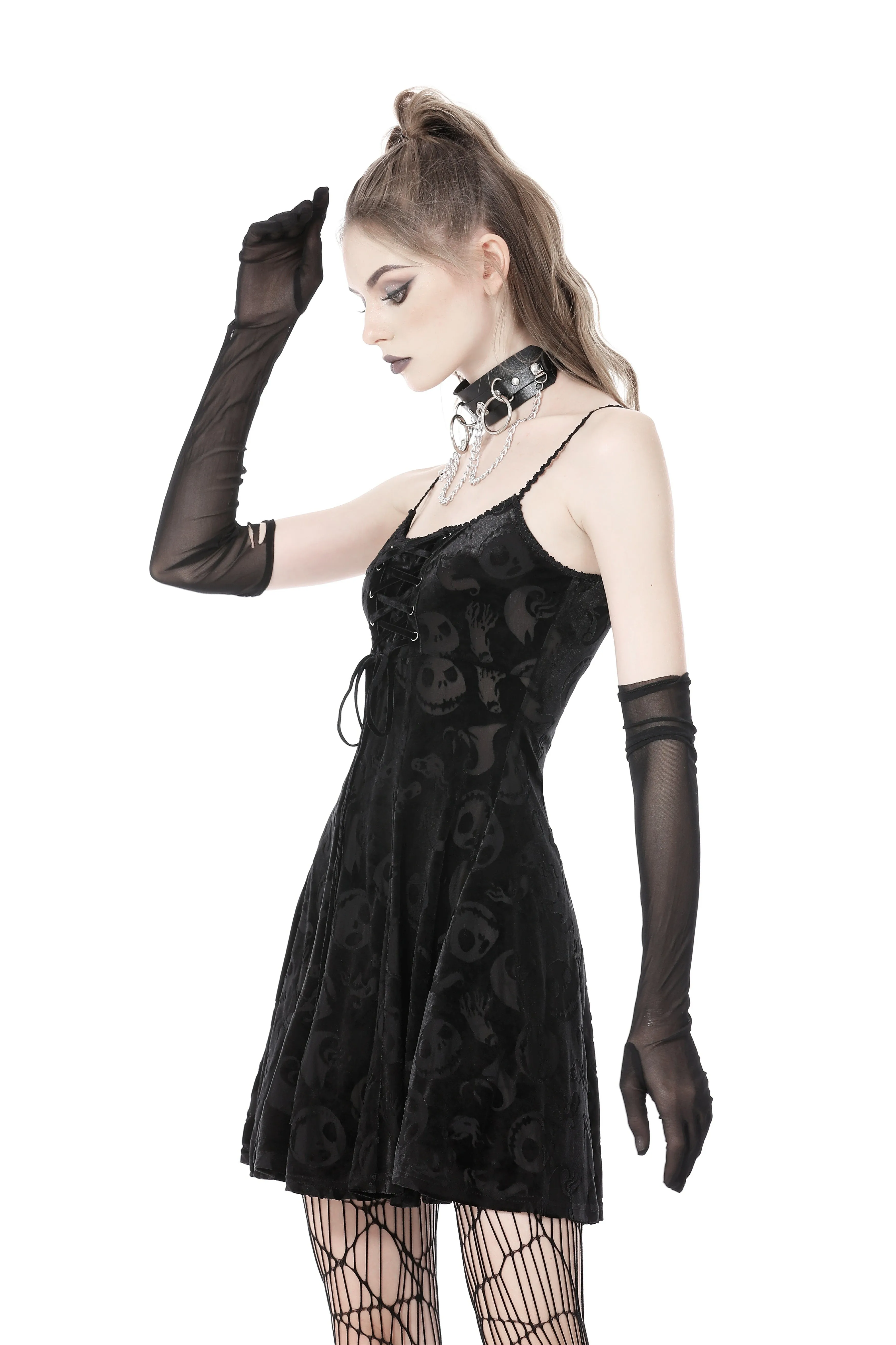 Gothic lace up skull strap dress DW764