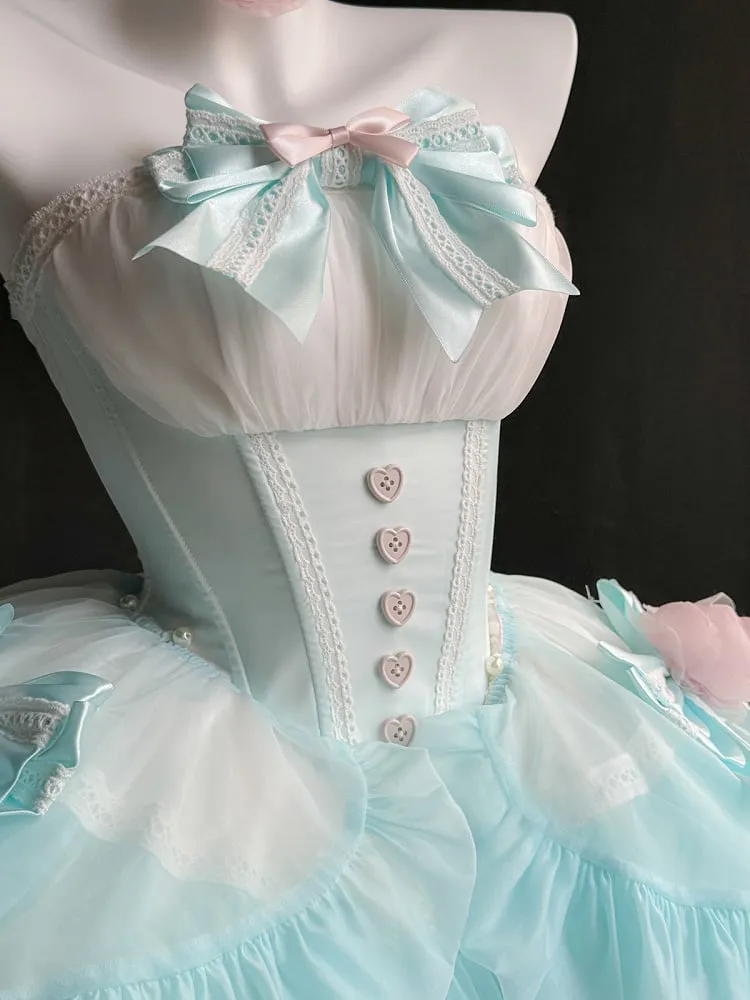 Green Balletcore Boned Waist Strapless Puffy Dress