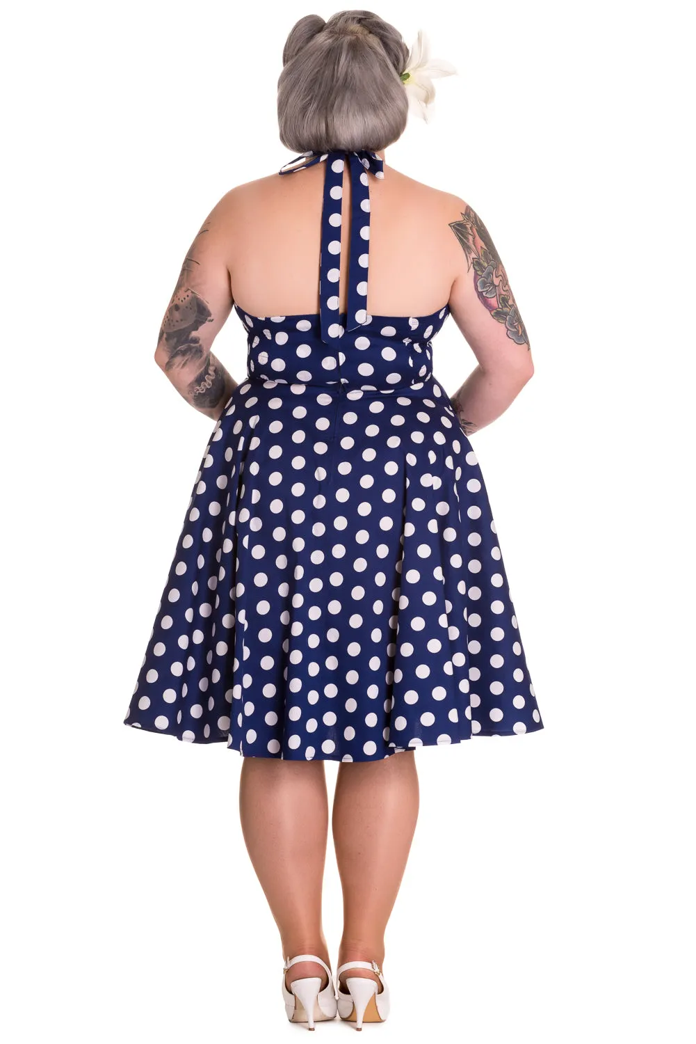 Hell Bunny 60's Navy and White Polka Dot Halter Flare Party Dress