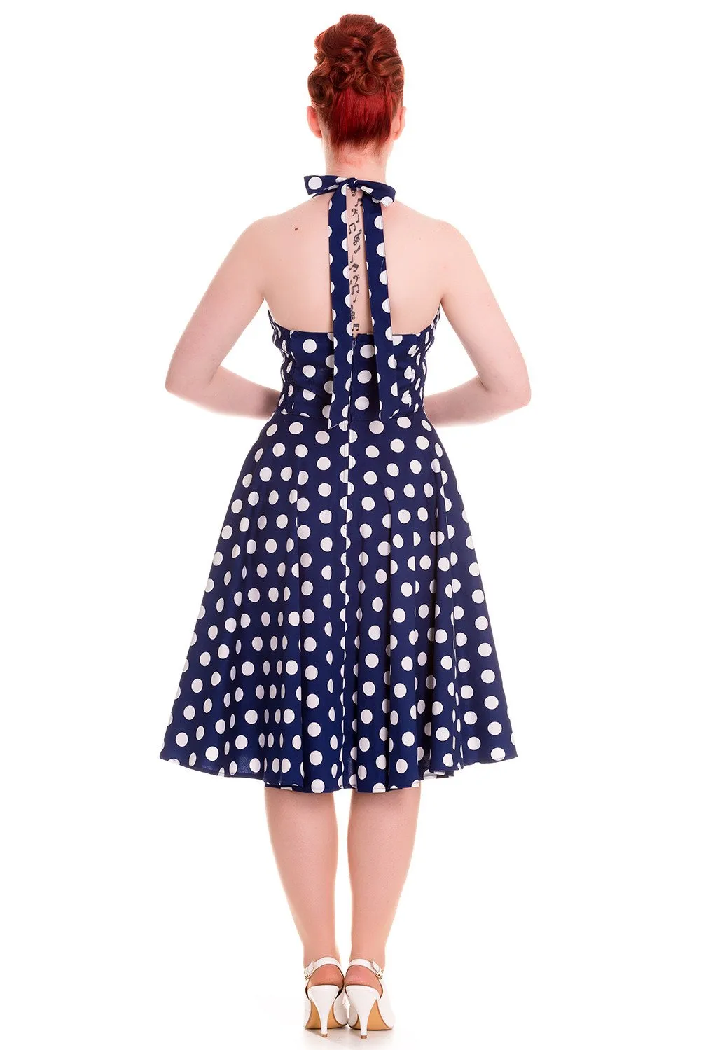 Hell Bunny 60's Navy and White Polka Dot Halter Flare Party Dress