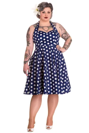 Hell Bunny 60's Navy and White Polka Dot Halter Flare Party Dress