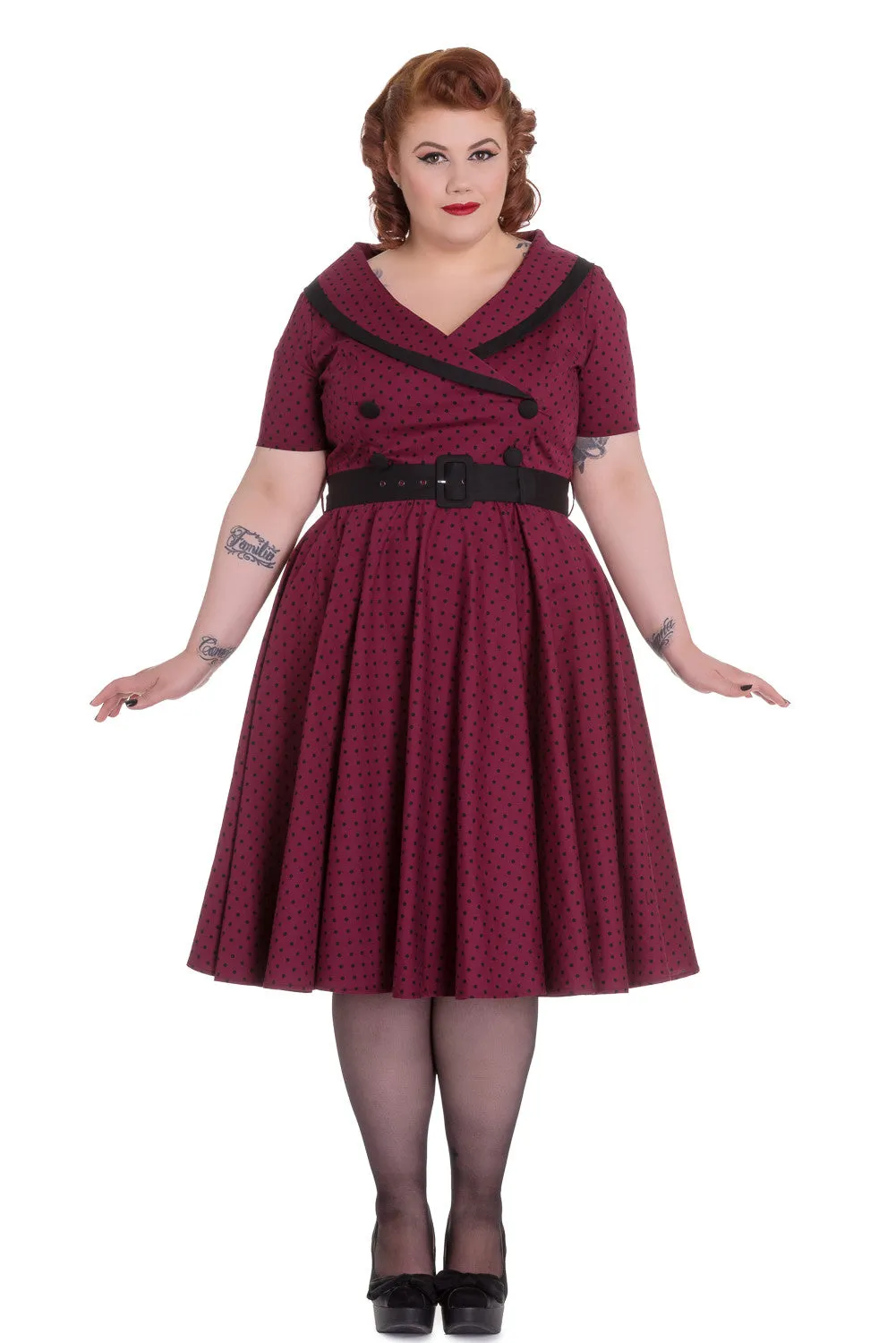 Hell Bunny 60's Vintage Style Polka Dot Starlet Wide V-neck Collar Party Dress