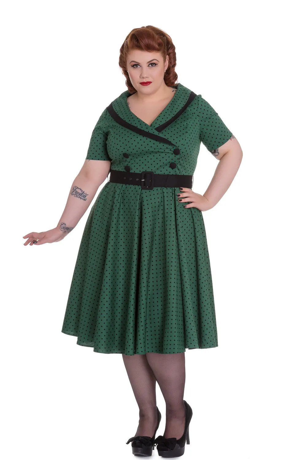 Hell Bunny 60's Vintage Style Polka Dot Starlet Wide V-neck Collar Party Dress