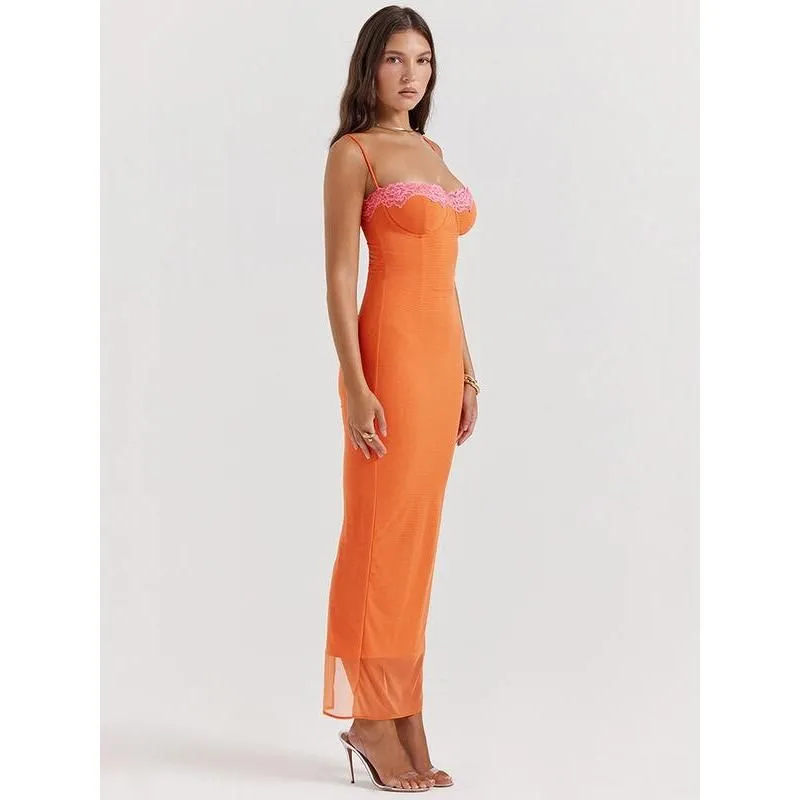 Lace Spaghetti Strap Backless Bodycon Maxi Dress
