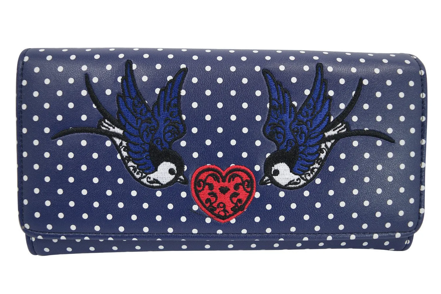 Lost Queen Swallow Bird Tattoo & Heart Polka Dot embroidery Bi-fold Wallet