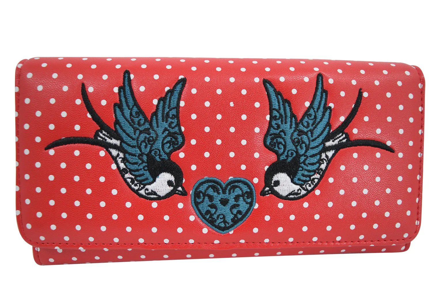 Lost Queen Swallow Bird Tattoo & Heart Polka Dot embroidery Bi-fold Wallet