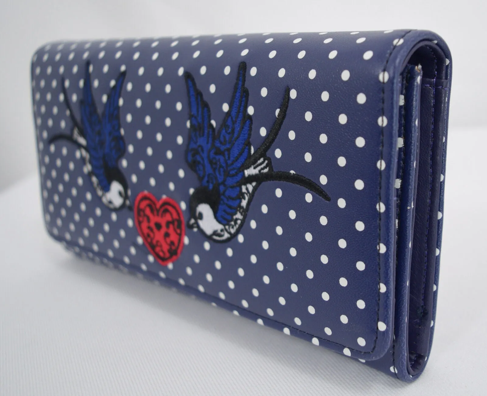 Lost Queen Swallow Bird Tattoo & Heart Polka Dot embroidery Bi-fold Wallet
