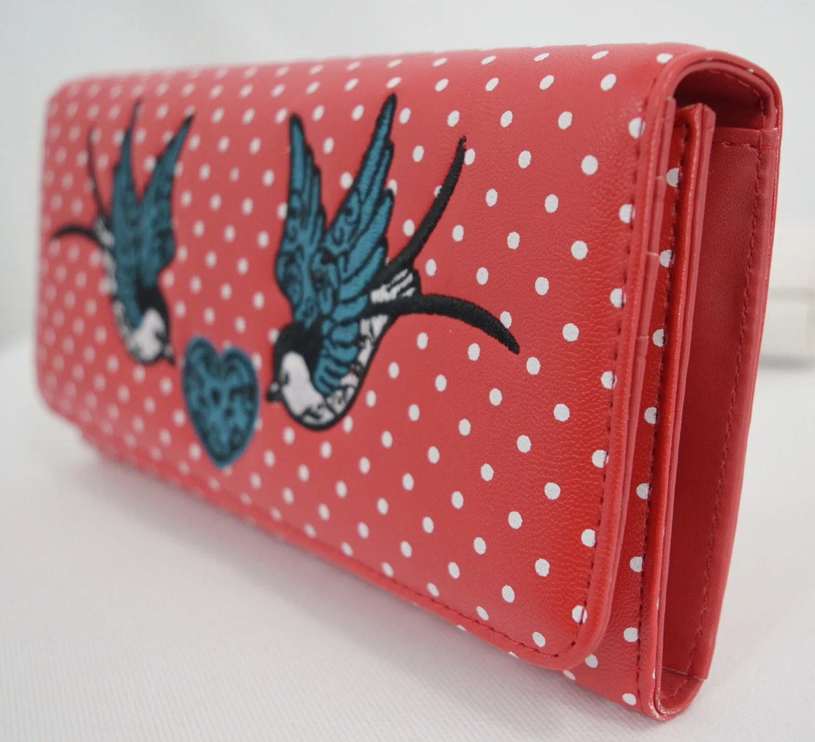 Lost Queen Swallow Bird Tattoo & Heart Polka Dot embroidery Bi-fold Wallet