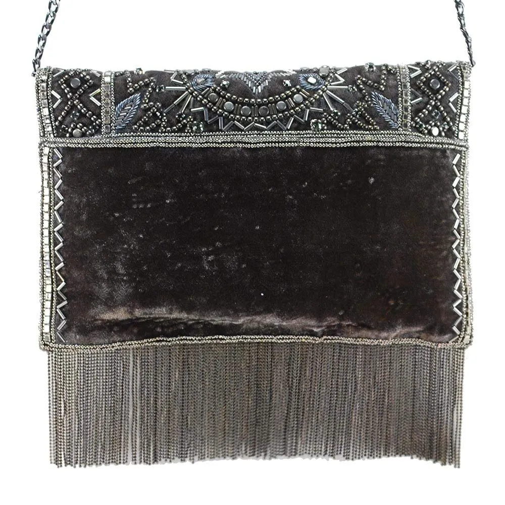 Mary Frances Roaring 20s Antique Pewter Embellished Velvet Crossbody Clutch Handbag