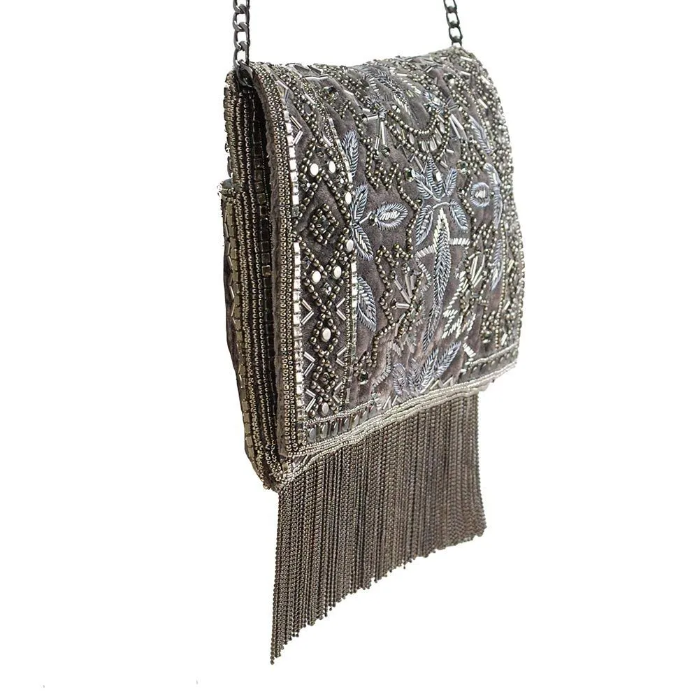 Mary Frances Roaring 20s Antique Pewter Embellished Velvet Crossbody Clutch Handbag