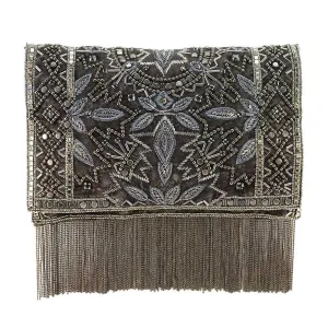 Mary Frances Roaring 20s Antique Pewter Embellished Velvet Crossbody Clutch Handbag