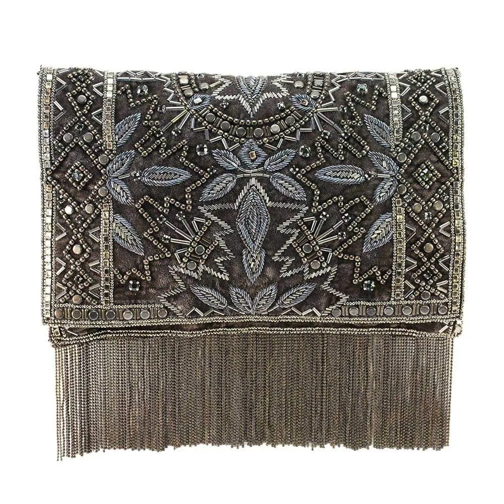 Mary Frances Roaring 20s Antique Pewter Embellished Velvet Crossbody Clutch Handbag