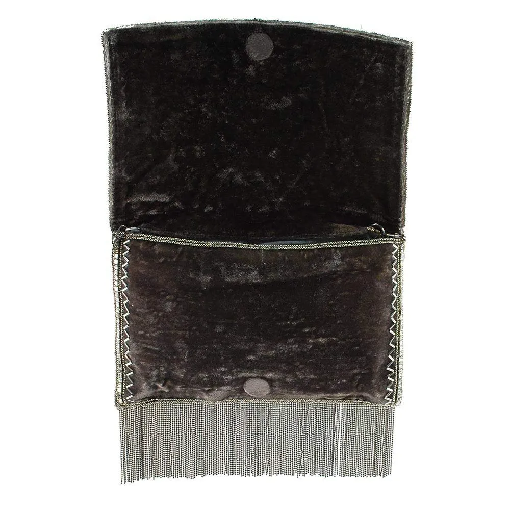 Mary Frances Roaring 20s Antique Pewter Embellished Velvet Crossbody Clutch Handbag