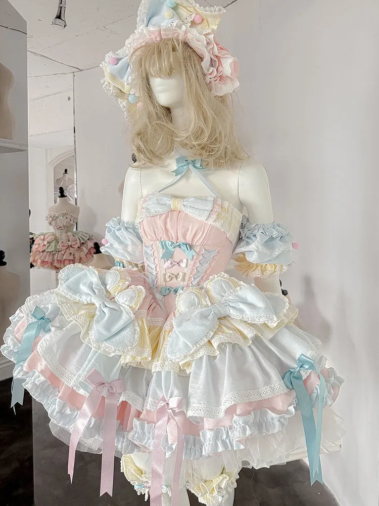 Pink and Blue Sweet Princess Puffy Tiered Ruffle Skirt Boning Dress