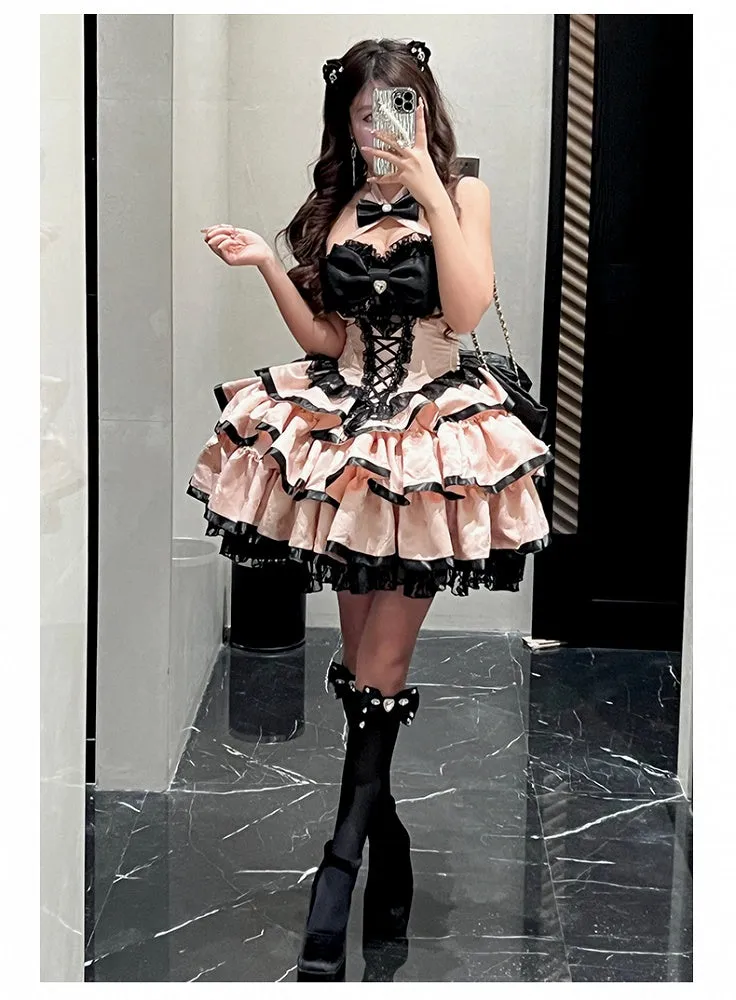 Pink Bowknot Fabric Tiered Puffy Skirt Halter Neck Birthday Corset Dress