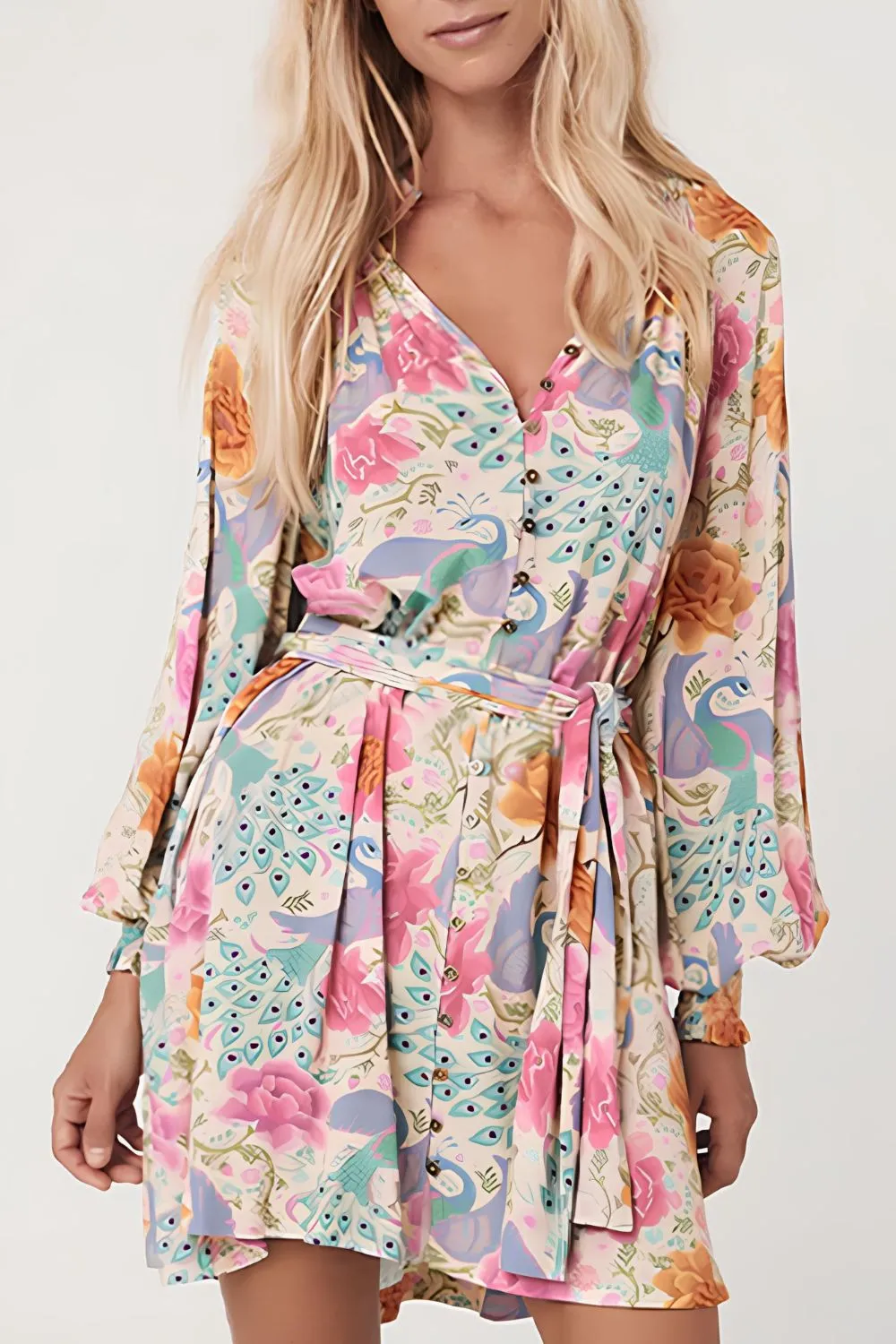 Printed Notched Lantern Sleeve Dress