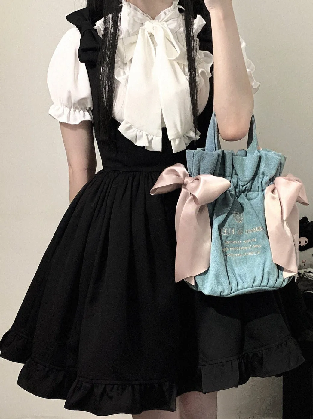 Shoulder Ribbon Lace Black Strap Dress