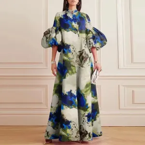 UAKISS  -  Elegant O-Neck Draped Loose A-line Dress Autumn Lantern Sleeve Party Dress Show Style Pattern Printed Pleat Maxi Dress For Women