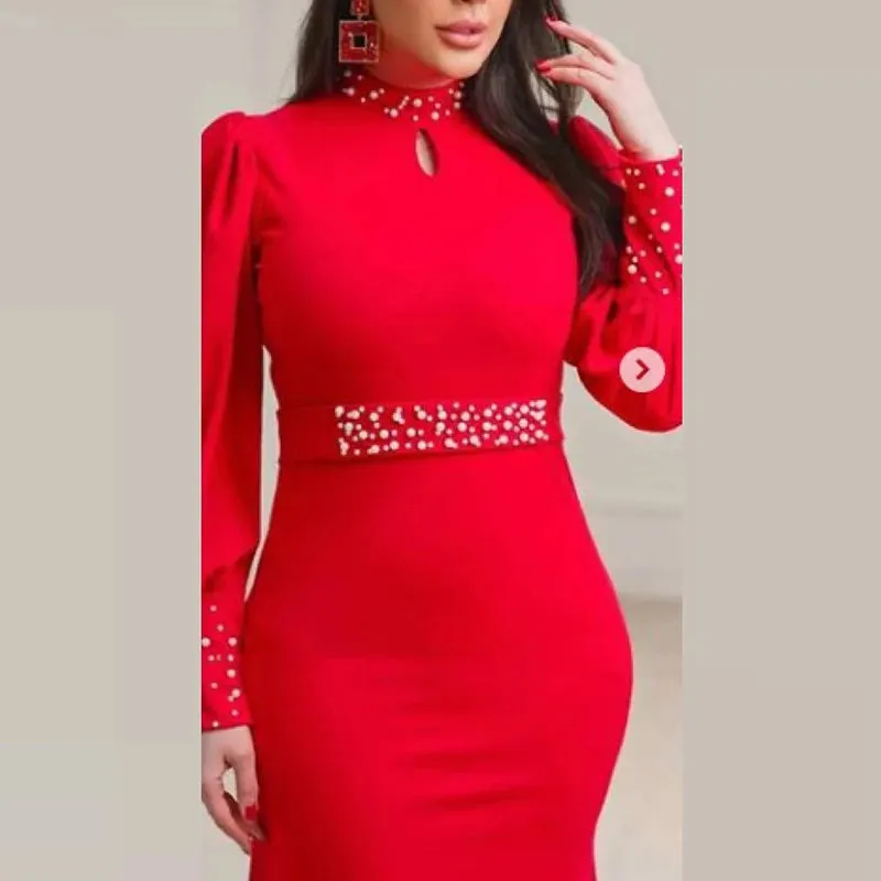 UAKISS  -  Women Elegant Solid Hollow Turtleneck Long Dress 2025 New Chic Lantern Sleeve Beading Maxi Dress Fashion High Waist Pleat Dress