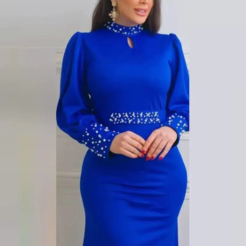 UAKISS  -  Women Elegant Solid Hollow Turtleneck Long Dress 2025 New Chic Lantern Sleeve Beading Maxi Dress Fashion High Waist Pleat Dress