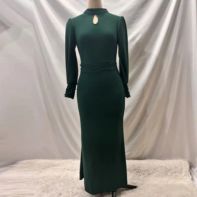 UAKISS  -  Women Elegant Solid Hollow Turtleneck Long Dress 2025 New Chic Lantern Sleeve Beading Maxi Dress Fashion High Waist Pleat Dress