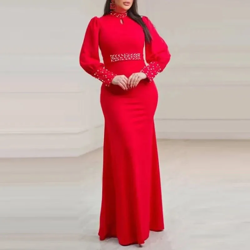 UAKISS  -  Women Elegant Solid Hollow Turtleneck Long Dress 2025 New Chic Lantern Sleeve Beading Maxi Dress Fashion High Waist Pleat Dress