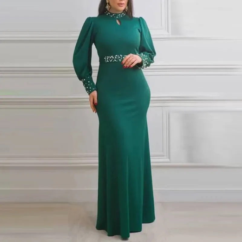 UAKISS  -  Women Elegant Solid Hollow Turtleneck Long Dress 2025 New Chic Lantern Sleeve Beading Maxi Dress Fashion High Waist Pleat Dress