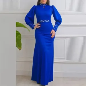 UAKISS  -  Women Elegant Solid Hollow Turtleneck Long Dress 2025 New Chic Lantern Sleeve Beading Maxi Dress Fashion High Waist Pleat Dress