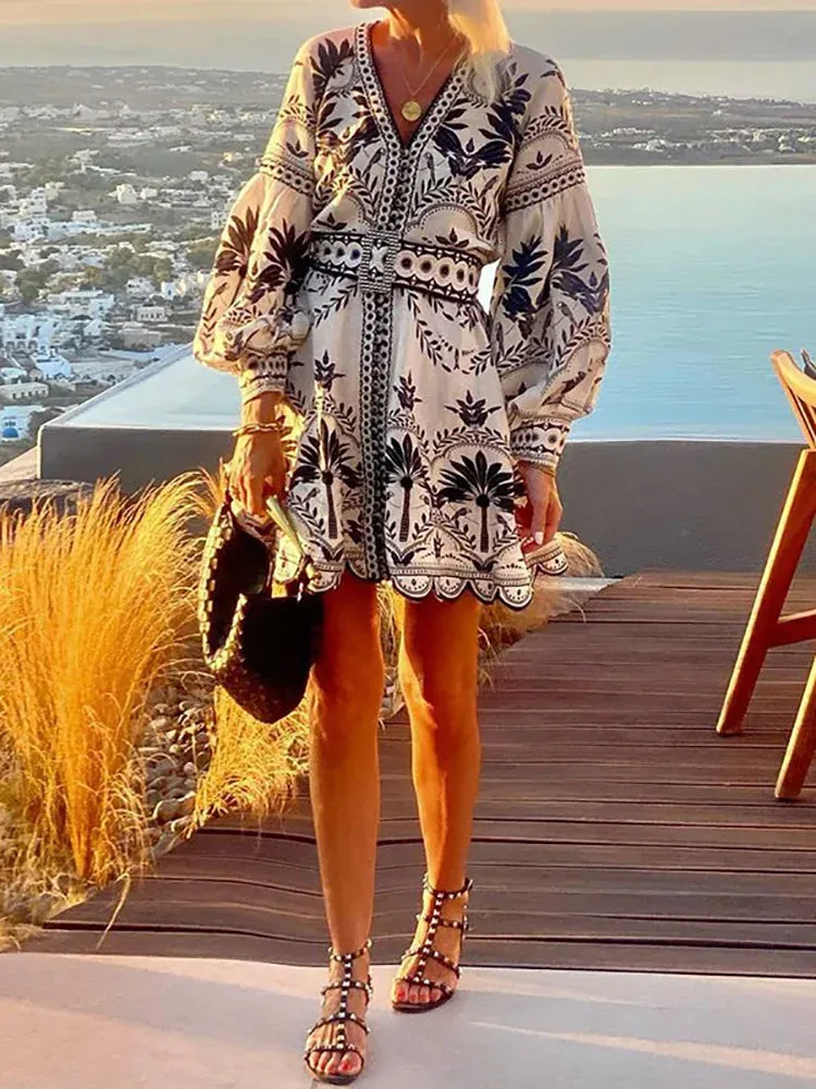 UAKISS  -  Women Loose Fit Lantern Sleeve Party Dress, Spring Autumn Printing V Neck Fashion Mini Dress, 2024 Patchwork Sashes Ladies Dress