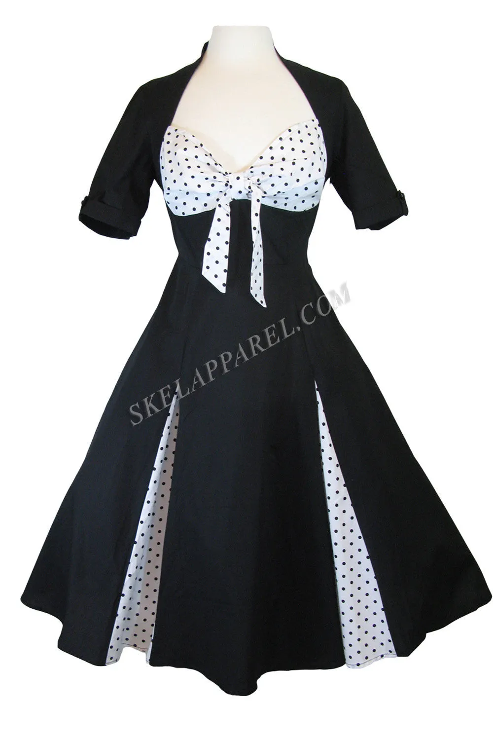 Vintage Rockabilly Black White Polka-dot plus size dress with sleeves