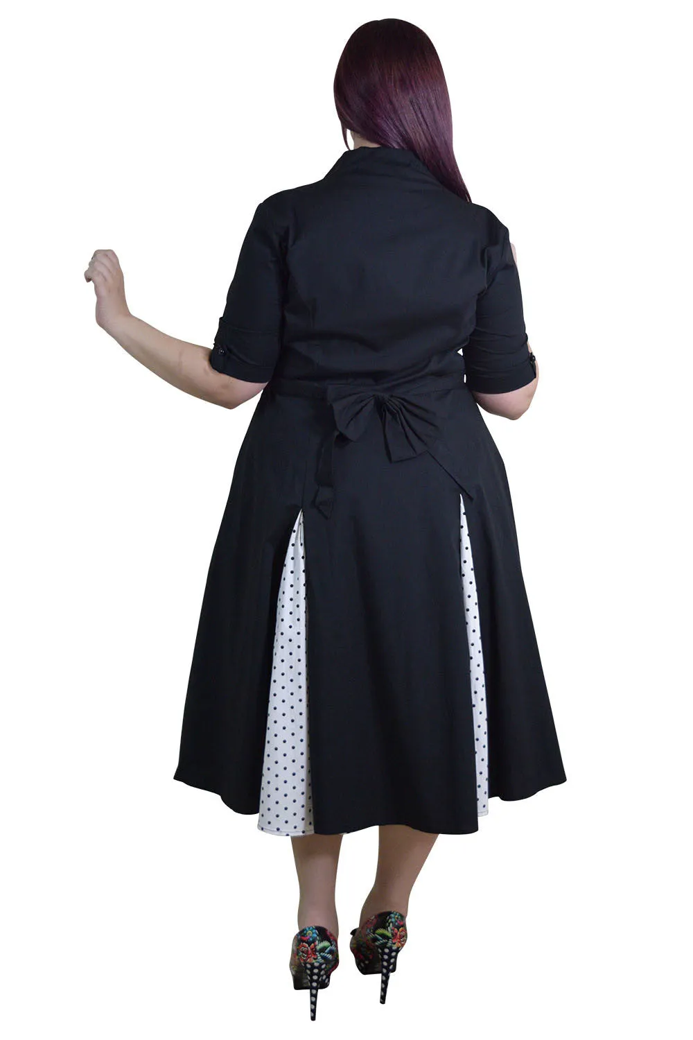 Vintage Rockabilly Black White Polka-dot plus size dress with sleeves