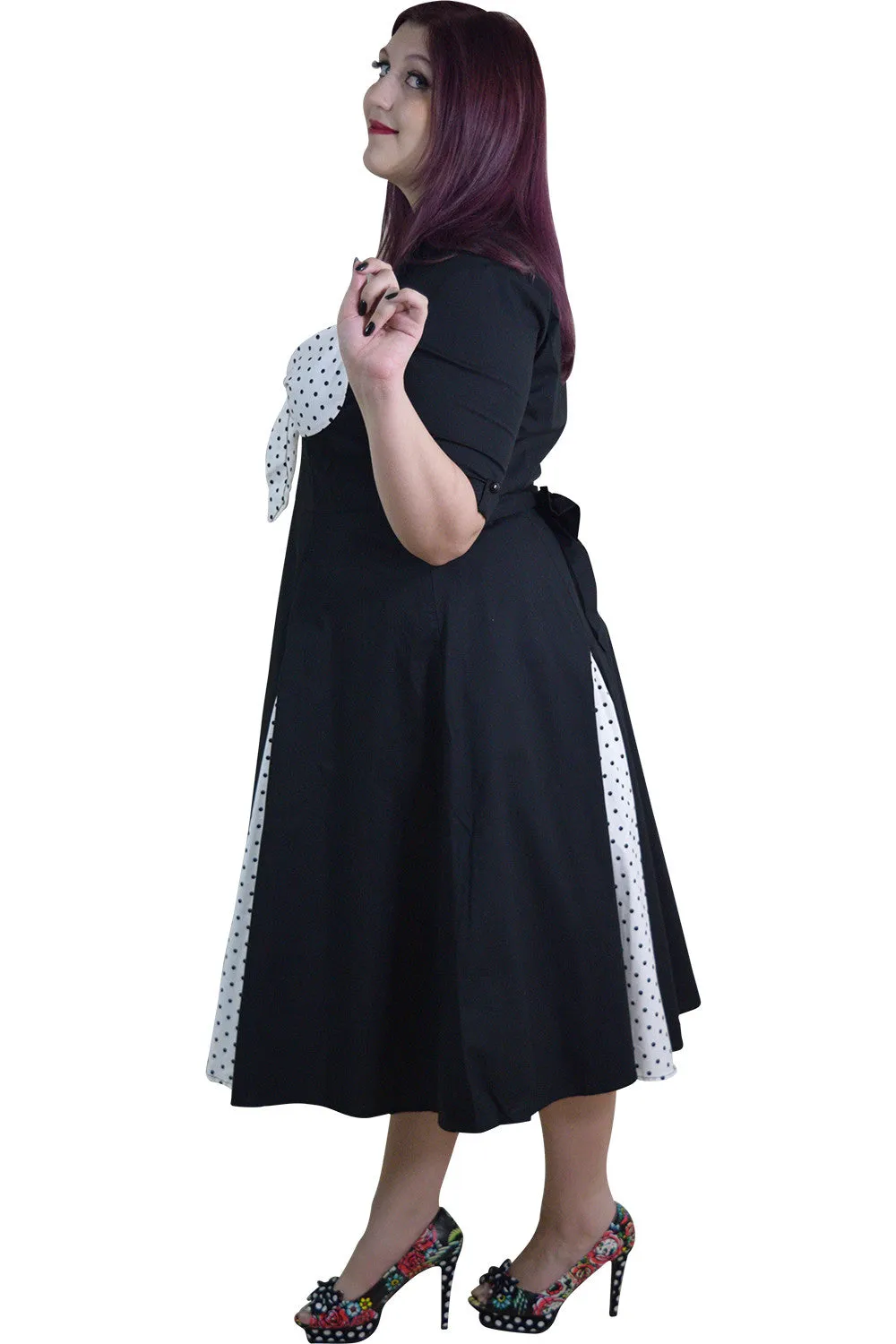 Vintage Rockabilly Black White Polka-dot plus size dress with sleeves