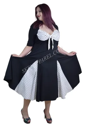 Vintage Rockabilly Black White Polka-dot plus size dress with sleeves