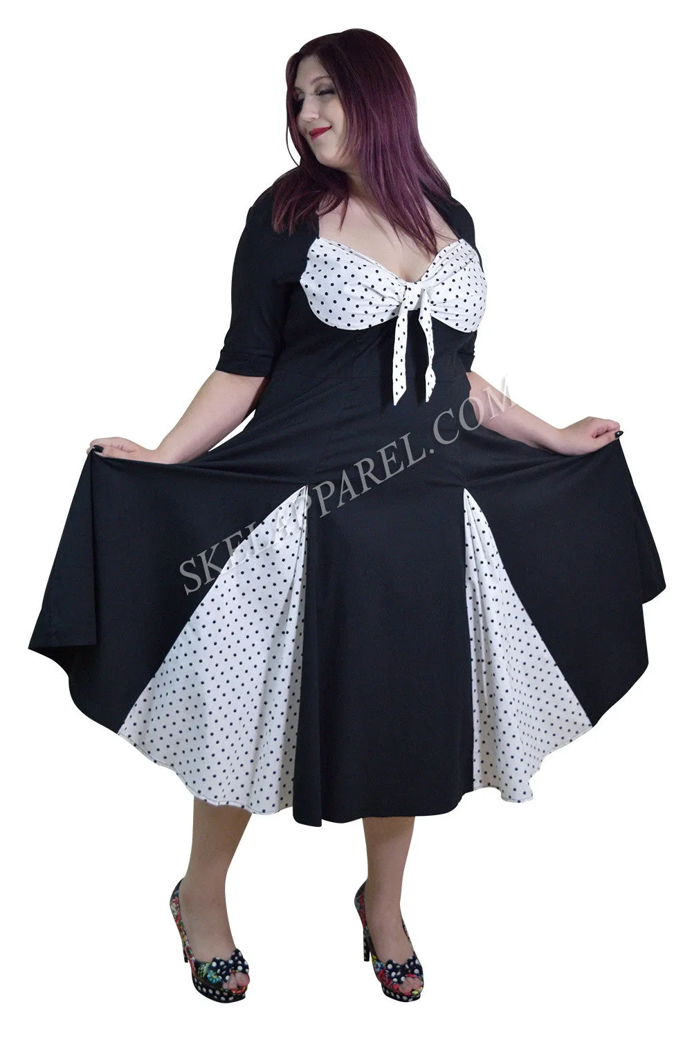 Vintage Rockabilly Black White Polka-dot plus size dress with sleeves