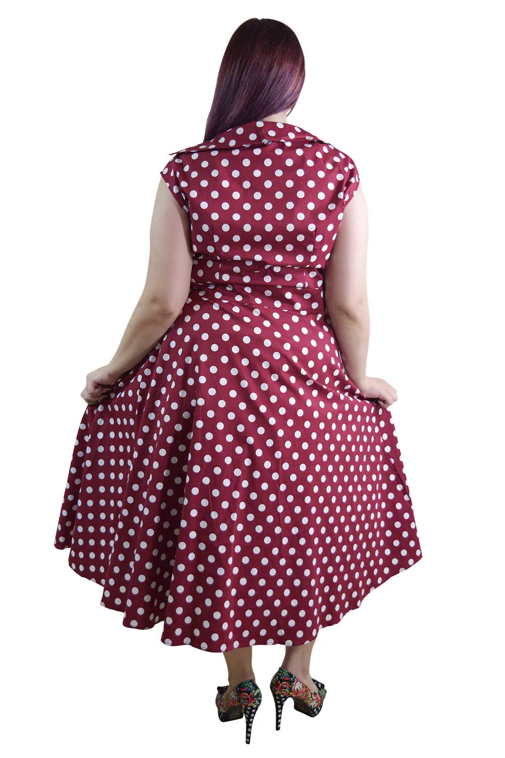 Women's Retro Style Pin-up Red and White Polka Dot Belted bow Party Dress plus size