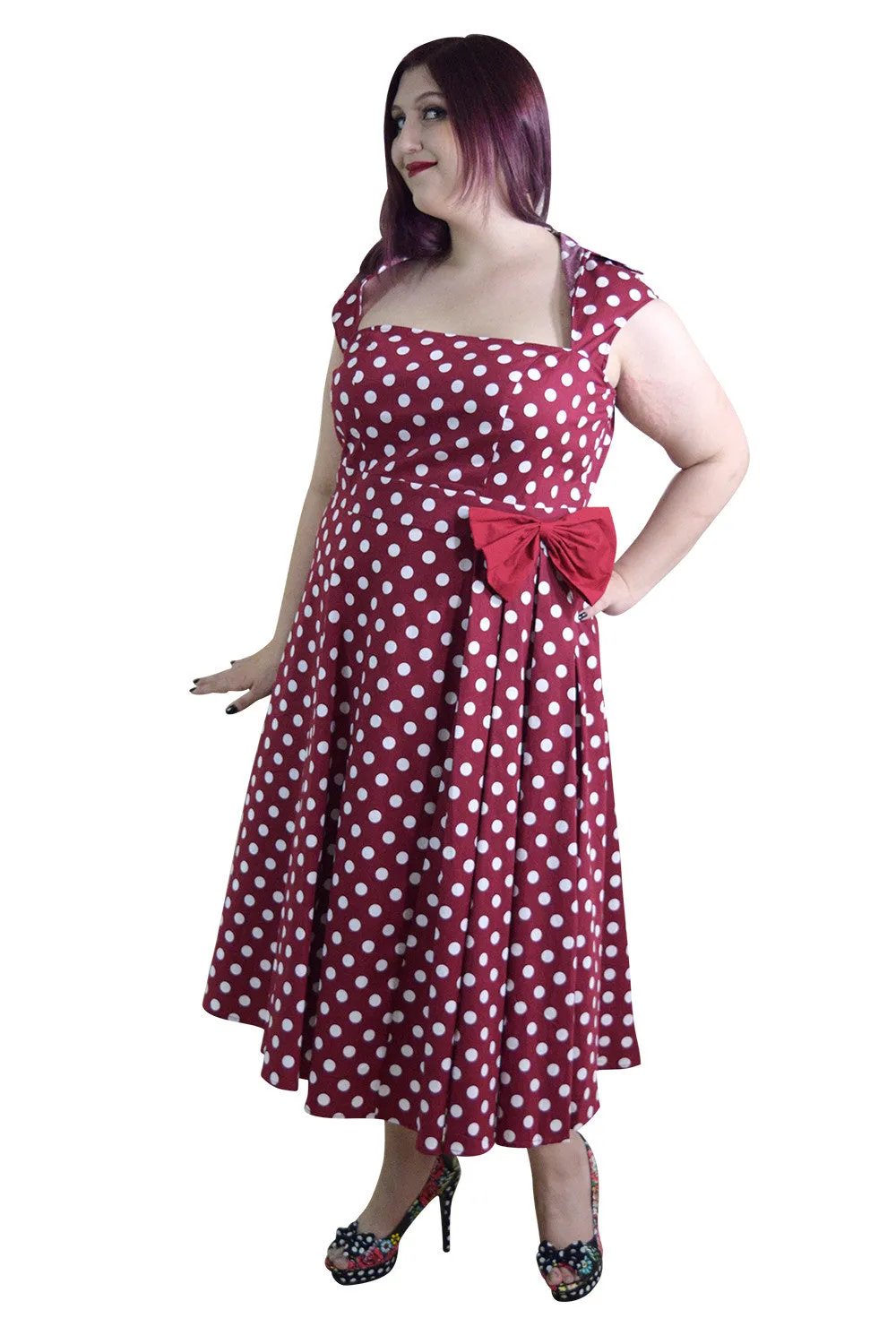 Women's Retro Style Pin-up Red and White Polka Dot Belted bow Party Dress plus size