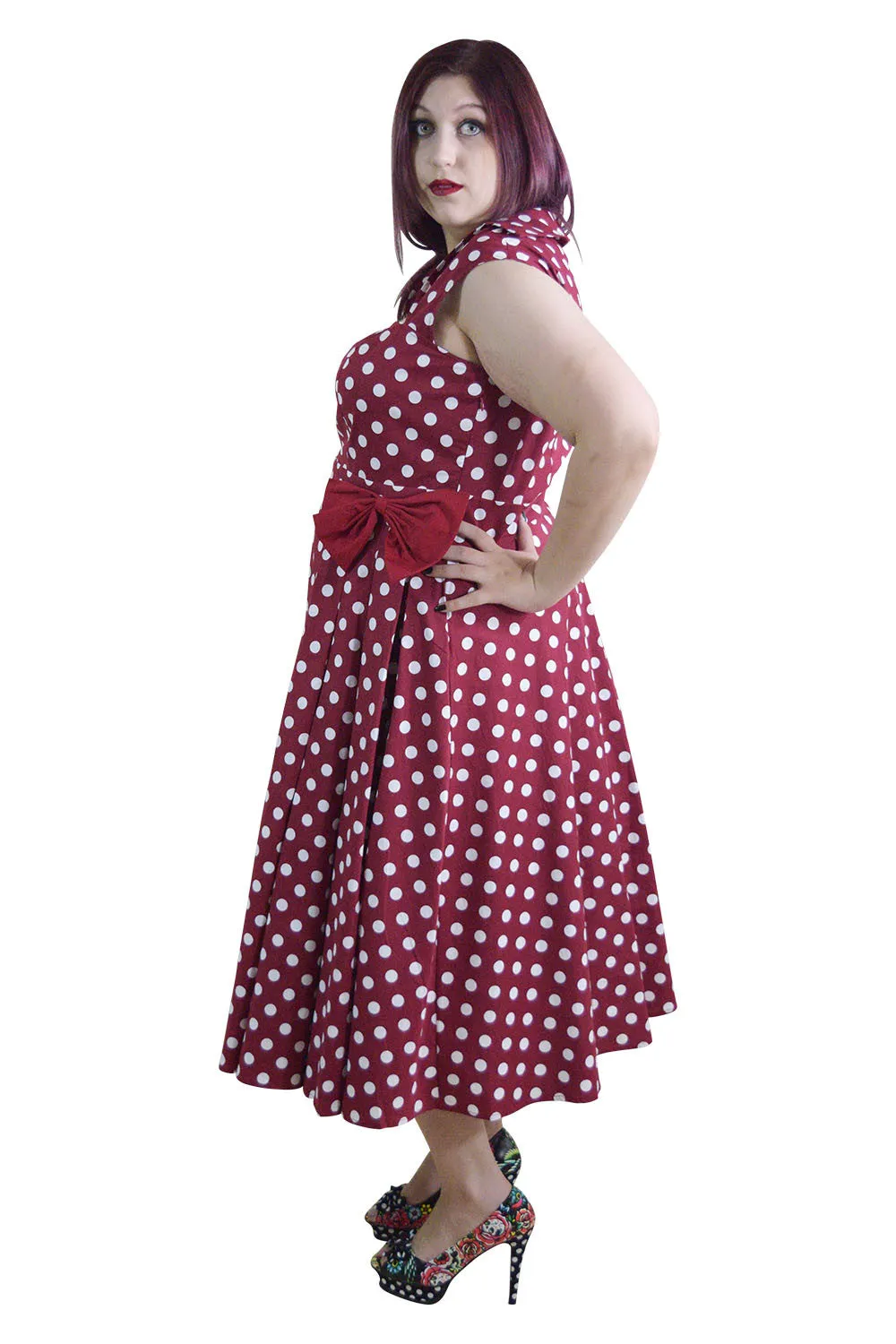 Women's Retro Style Pin-up Red and White Polka Dot Belted bow Party Dress plus size